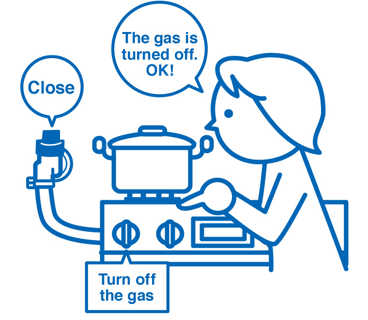 Close both drop valves of gas appliances (to turn off the flame) and gas valves (appliance shut-off valves).