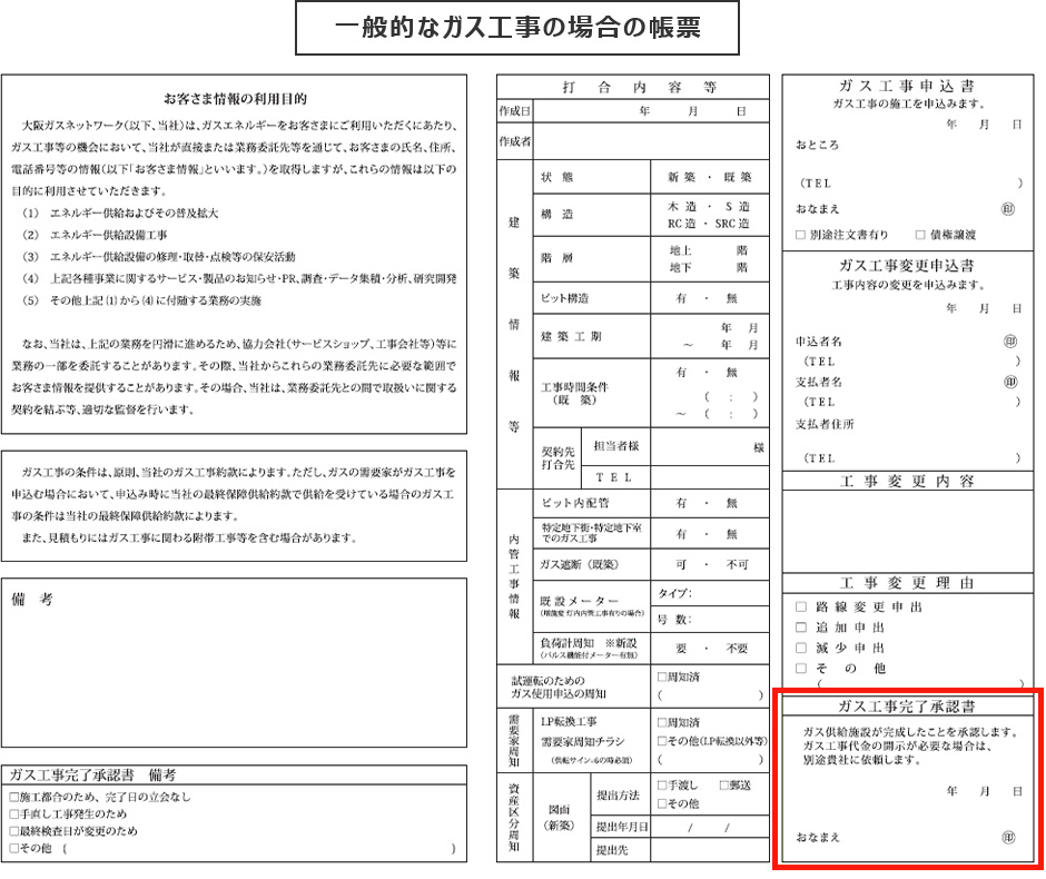 一般的なガス工事の場合の帳票